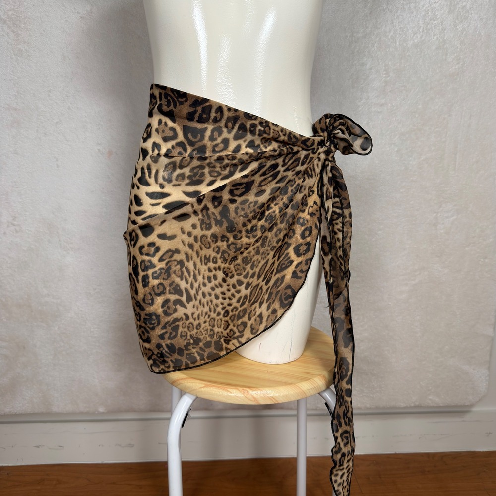 Leopard Print Sarong Wrap Skirt Sheer Chiffon Beach Cover Up Festival Boho
